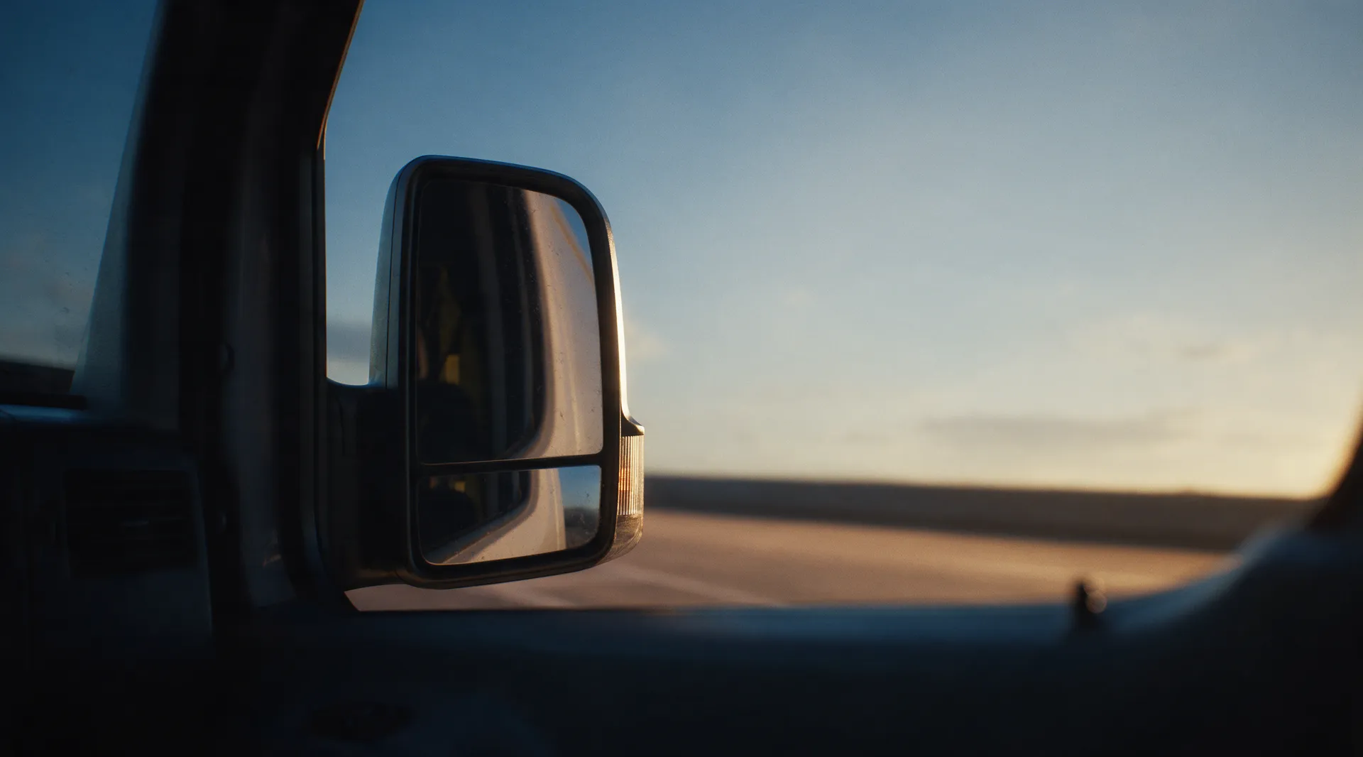 The side mirror of a work van at sunrise, the road ahead empty and warm.